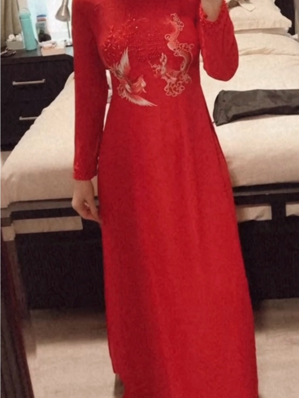 Elegant Red Embroidered Long Sleeve Maxi Dress with matching pants traditional